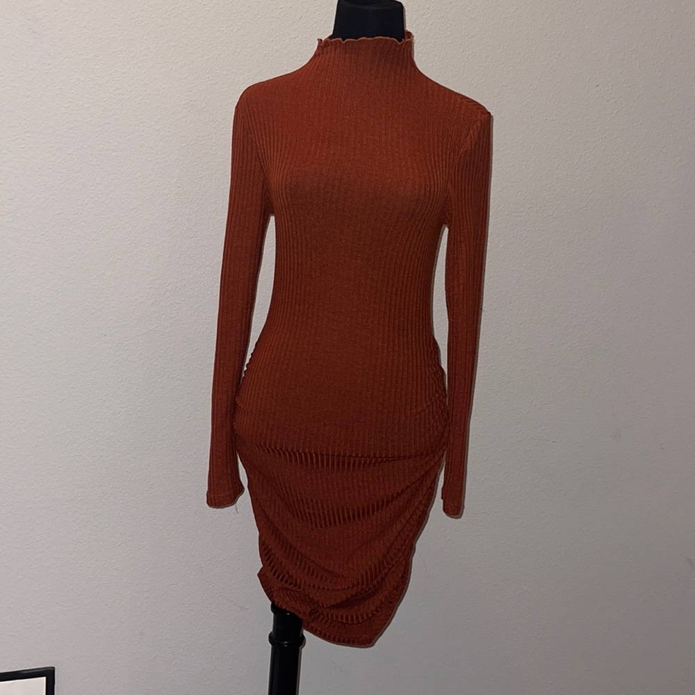 Rust Orange Long Sleeved Turtle Neck MIDI Dress